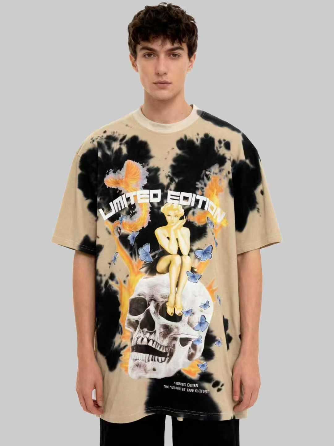 🛫高街闪电骷髅裸洗水做旧复古宽松情侣短袖纯棉t恤，领口有包边，品质好有独立包装，数量380件左右，S-XL，全清5.8，分货+1