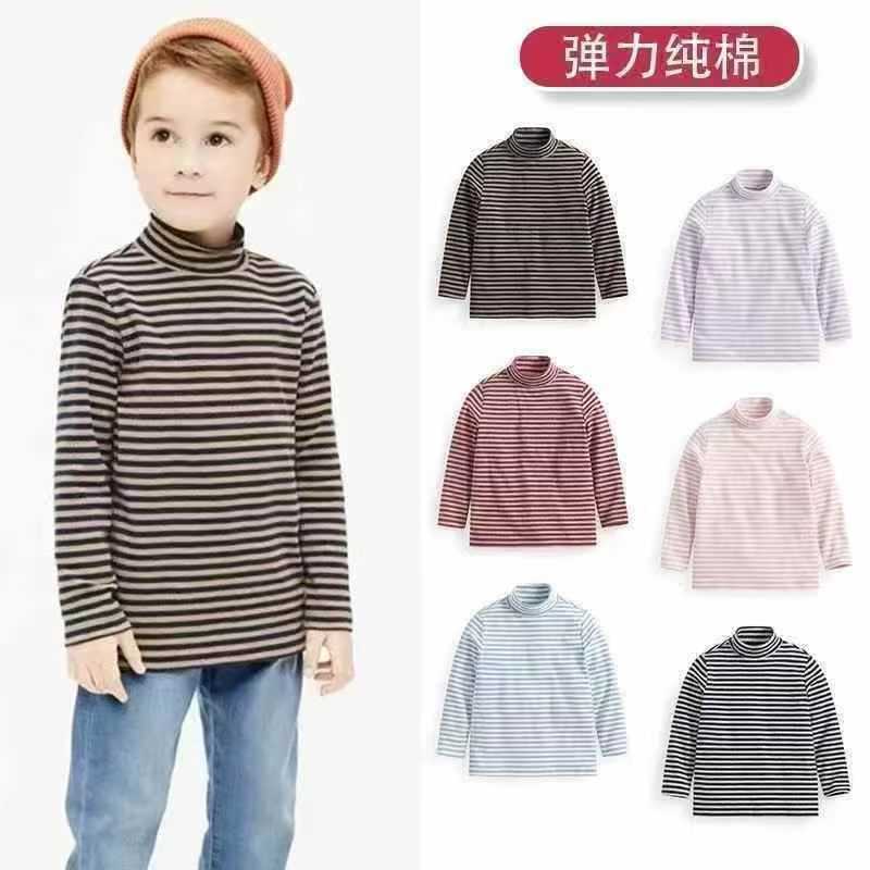 亏本清4.8  不分货
🍭500件左右男女童半高领打底衫条纹长袖T恤秋冬款儿童装宝宝秋衣上衣冬季，半个高领居多！尺码80-150，独立包装！纯棉！高弹力！