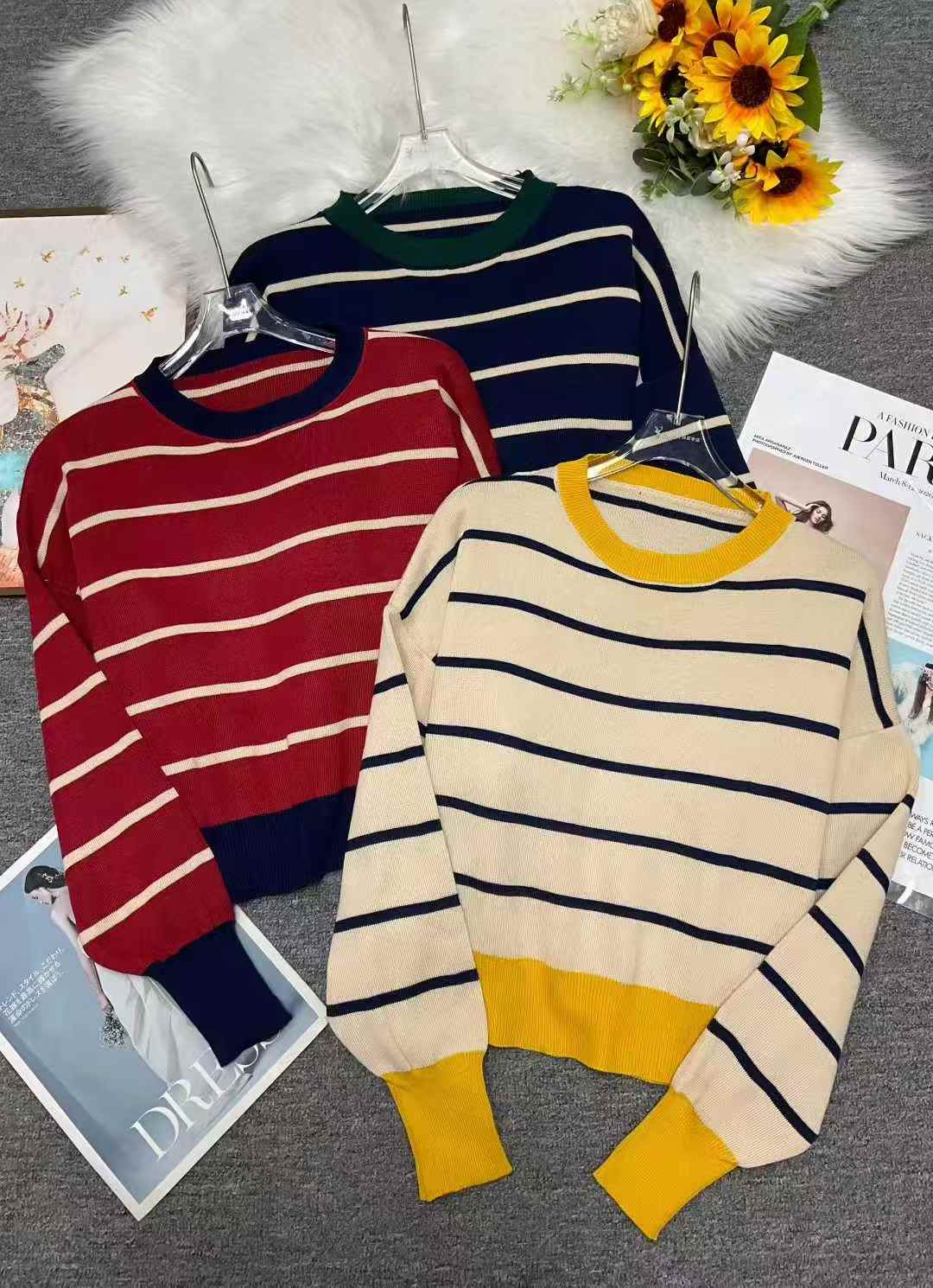 秋季新款短款宽松港味复古慵懒风撞色条纹针织套头毛衣，独立包装，均码面料柔软舒适弹力大，277件，全清7.9元超低价秒杀！